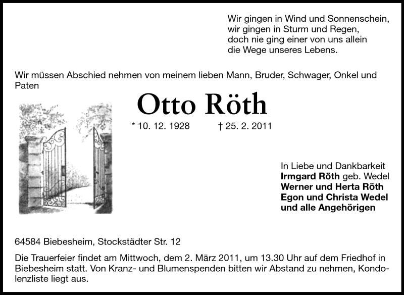  Traueranzeige für Otto Röth vom 28.02.2011 aus Rüsselsheimer Echo, Groß-Gerauer-Echo, Ried Echo