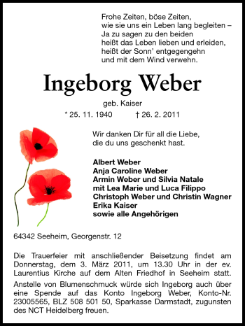 Traueranzeige von Ingeborg Weber von Echo-Zeitungen (Gesamtausgabe)