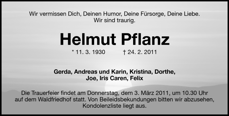  Traueranzeige für Helmut Pflanz vom 28.02.2011 aus Echo-Zeitungen (Gesamtausgabe)