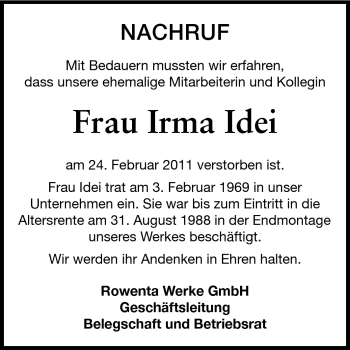Traueranzeige von Irma Idei von Odenwälder Echo