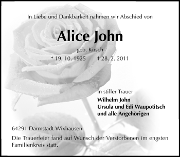Traueranzeige von Alice John von Darmstädter Echo, Odenwälder Echo, Rüsselsheimer Echo, Groß-Gerauer-Echo, Ried Echo