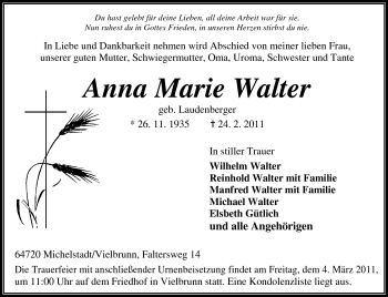 Traueranzeige von Anna Marie Walter von Odenwälder Echo