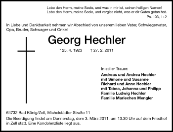Traueranzeige von Georg Hechler von Odenwälder Echo