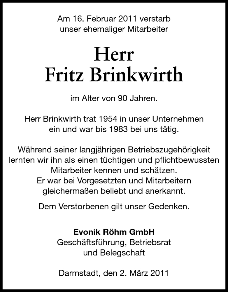  Traueranzeige für Fritz Brinkwirth vom 02.03.2011 aus Echo-Zeitungen (Gesamtausgabe)
