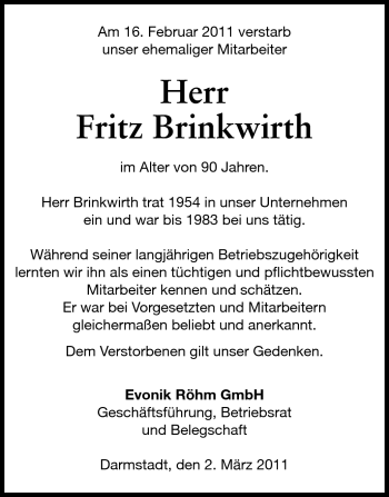 Traueranzeige von Fritz Brinkwirth von Echo-Zeitungen (Gesamtausgabe)