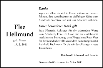 Traueranzeige von Else Hellmund von Darmstädter Echo, Odenwälder Echo, Rüsselsheimer Echo, Groß-Gerauer-Echo, Ried Echo