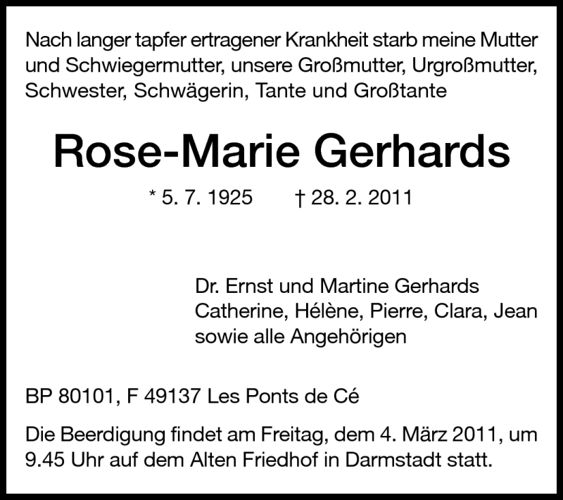  Traueranzeige für Rosemarie Gerhards vom 02.03.2011 aus Darmstädter Echo, Odenwälder Echo, Rüsselsheimer Echo, Groß-Gerauer-Echo, Ried Echo