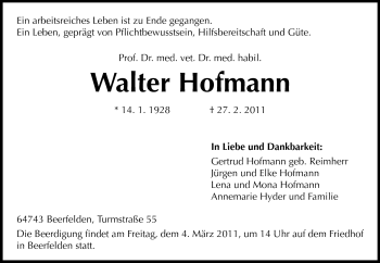 Traueranzeige von Walter Hofmann von Odenwälder Echo