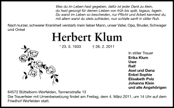 Traueranzeige von Herbert Klum von Rüsselsheimer Echo, Groß-Gerauer-Echo, Ried Echo