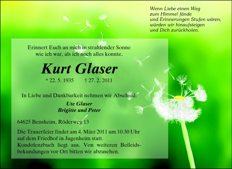  Traueranzeige für Kurt Glaser vom 02.03.2011 aus Echo-Zeitungen (Gesamtausgabe)