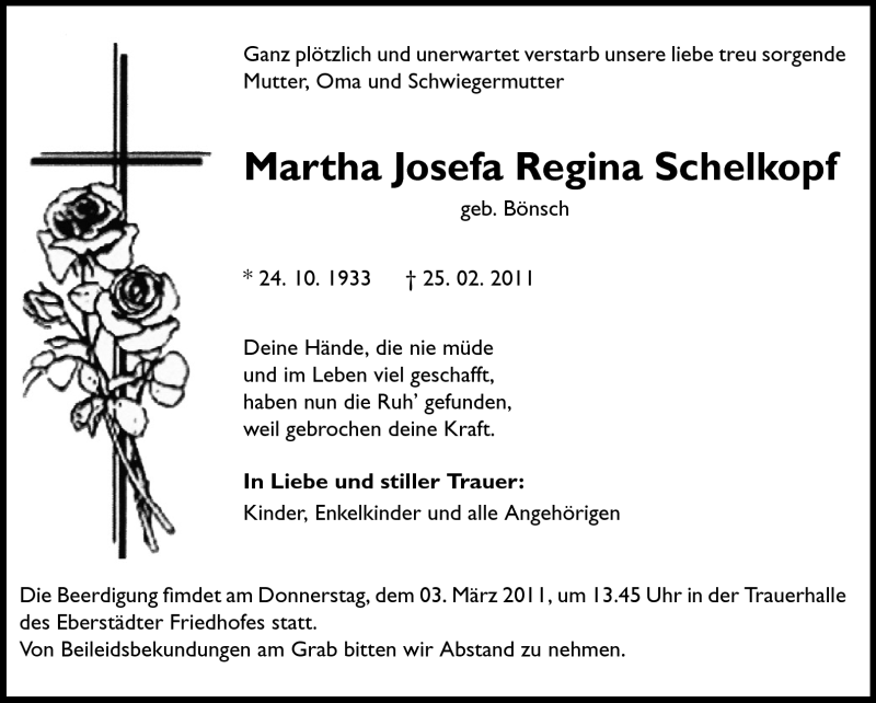  Traueranzeige für Martha Josefa Regina Schelkopf vom 02.03.2011 aus Echo-Zeitungen (Gesamtausgabe)
