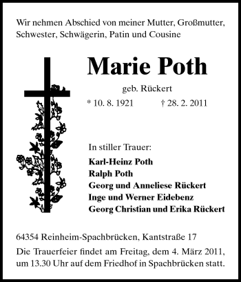 Traueranzeige von Marie Poth von Darmstädter Echo, Odenwälder Echo, Rüsselsheimer Echo, Groß-Gerauer-Echo, Ried Echo
