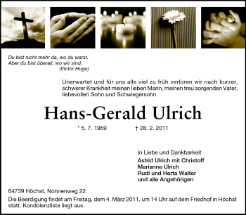Traueranzeige von Hans-Gerald Ulrich von Odenwälder Echo