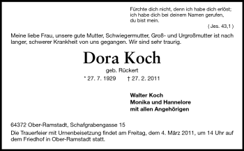 Traueranzeige von Dora Koch von Darmstädter Echo, Odenwälder Echo, Rüsselsheimer Echo, Groß-Gerauer-Echo, Ried Echo