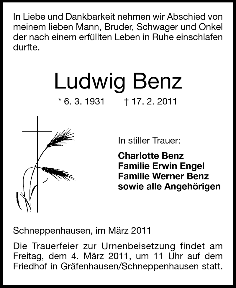  Traueranzeige für Ludwig Benz vom 02.03.2011 aus Darmstädter Echo, Odenwälder Echo, Rüsselsheimer Echo, Groß-Gerauer-Echo, Ried Echo