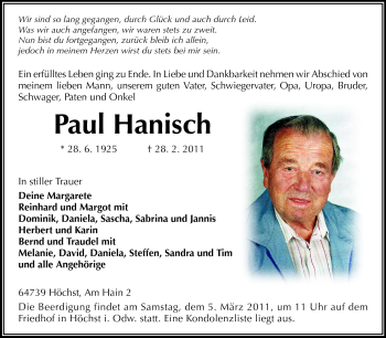 Traueranzeige von Paul Hanisch von Odenwälder Echo