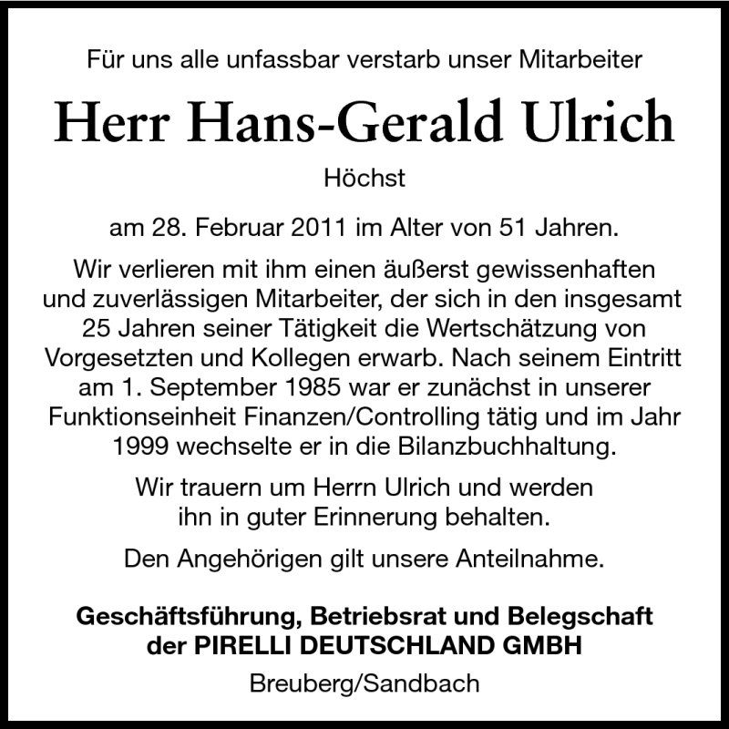  Traueranzeige für Hans-Gerald Ulrich vom 04.03.2011 aus Odenwälder Echo
