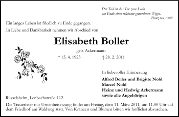 Traueranzeige von Elisabeth Boller von Rüsselsheimer Echo, Groß-Gerauer-Echo, Ried Echo