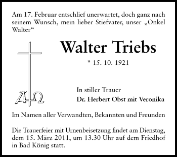 Traueranzeige von Walter Triebs von Odenwälder Echo