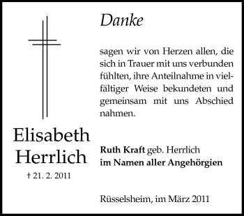 Traueranzeige von Elisabeth Herrlich von Rüsselsheimer Echo, Groß-Gerauer-Echo, Ried Echo