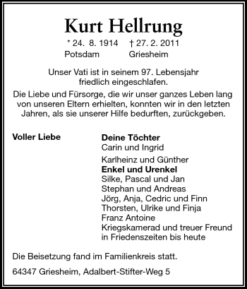 Traueranzeige von Kurt Hellrung von Darmstädter Echo, Odenwälder Echo, Rüsselsheimer Echo, Groß-Gerauer-Echo, Ried Echo