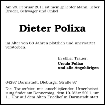 Traueranzeige von Dieter Polixa von Darmstädter Echo, Odenwälder Echo, Rüsselsheimer Echo, Groß-Gerauer-Echo, Ried Echo