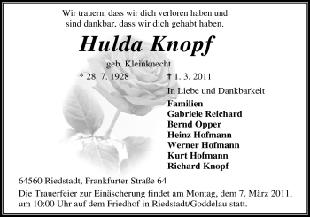 Traueranzeige von Hulda Knopf von Rüsselsheimer Echo, Groß-Gerauer-Echo, Ried Echo
