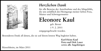 Traueranzeige von Eleonore Kaul von Rüsselsheimer Echo, Groß-Gerauer-Echo, Ried Echo