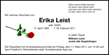 Traueranzeige von Erika Leist von Odenwälder Echo
