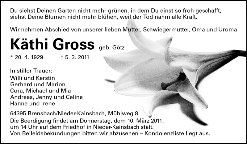  Traueranzeige für Käthi Gross vom 08.03.2011 aus Odenwälder Echo