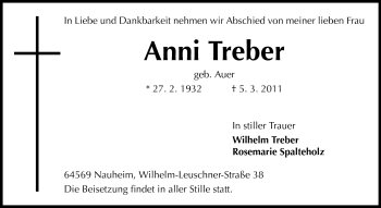 Traueranzeige von Anni Treber von Rüsselsheimer Echo, Groß-Gerauer-Echo, Ried Echo