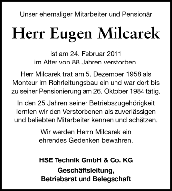 Traueranzeige von Eugen Milcarek von Echo-Zeitungen (Gesamtausgabe)