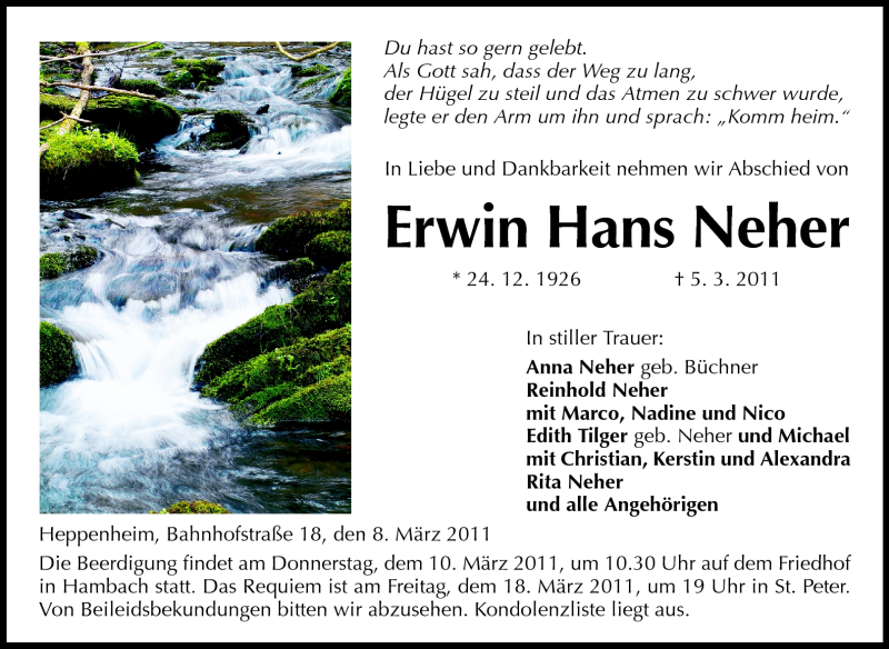  Traueranzeige für Erwin Hans Neher vom 08.03.2011 aus Starkenburger Echo