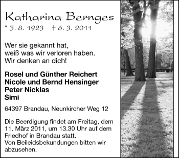 Traueranzeige von Katharina Bernges von Echo-Zeitungen (Gesamtausgabe)