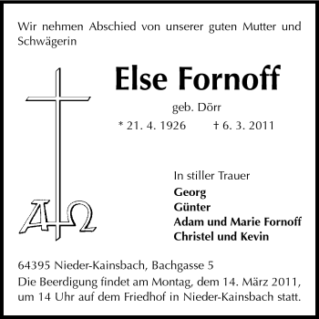 Traueranzeige von Else Fornoff von Odenwälder Echo