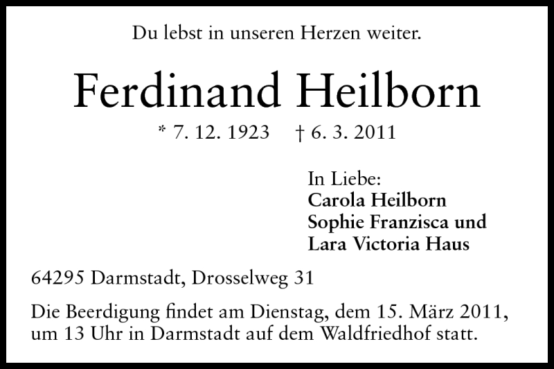  Traueranzeige für Ferdinand Heilborn vom 12.03.2011 aus Darmstädter Echo, Odenwälder Echo, Rüsselsheimer Echo, Groß-Gerauer-Echo, Ried Echo