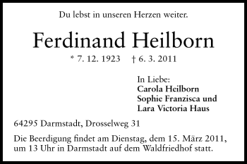 Traueranzeige von Ferdinand Heilborn von Darmstädter Echo, Odenwälder Echo, Rüsselsheimer Echo, Groß-Gerauer-Echo, Ried Echo