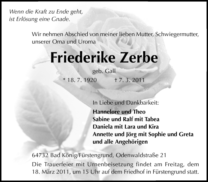  Traueranzeige für Friederike Zerbe vom 16.03.2011 aus Odenwälder Echo
