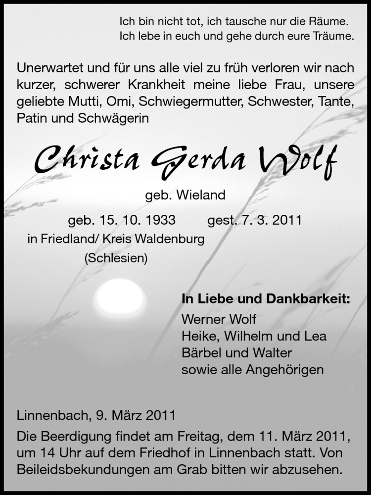  Traueranzeige für Christa Gerda Wolf vom 09.03.2011 aus Starkenburger Echo