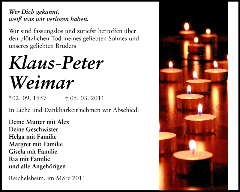  Traueranzeige für Klaus-Peter Weimar vom 09.03.2011 aus Odenwälder Echo