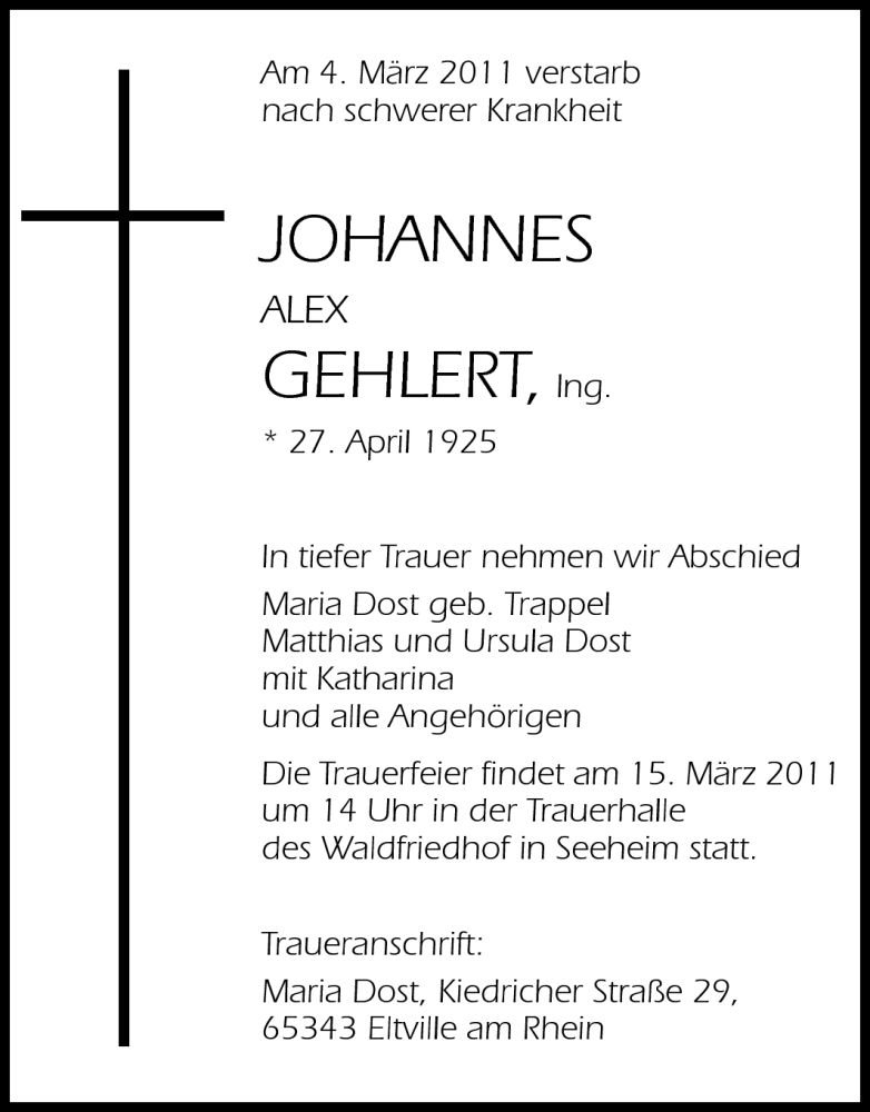  Traueranzeige für Johannes Alex Gehlert vom 09.03.2011 aus Echo-Zeitungen (Gesamtausgabe)
