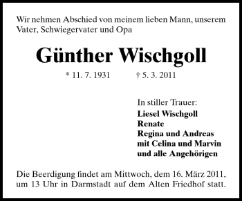 Traueranzeige von Günther Wischgoll von Echo-Zeitungen (Gesamtausgabe)