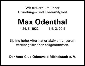Traueranzeige von Max Odenthal von Odenwälder Echo