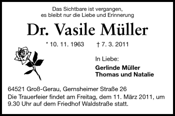 Traueranzeige von Vasile Müller von Rüsselsheimer Echo, Groß-Gerauer-Echo, Ried Echo