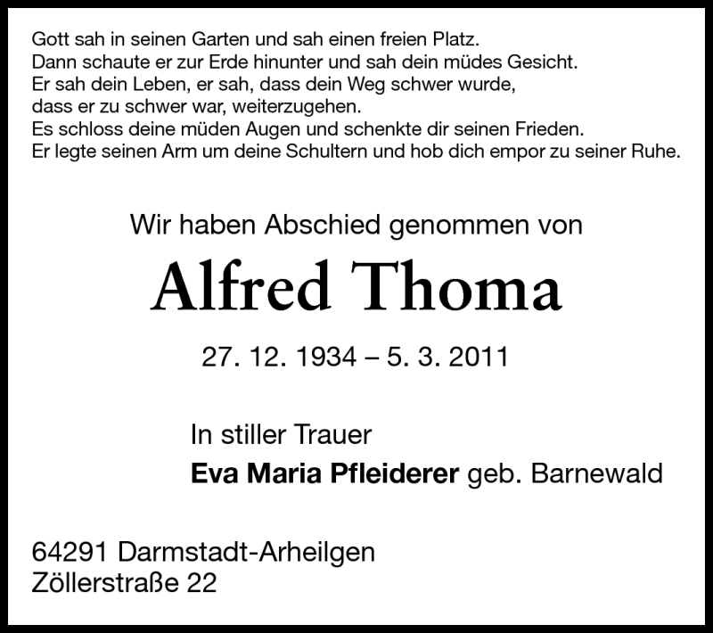  Traueranzeige für Alfred Thoma vom 16.03.2011 aus Echo-Zeitungen (Gesamtausgabe)