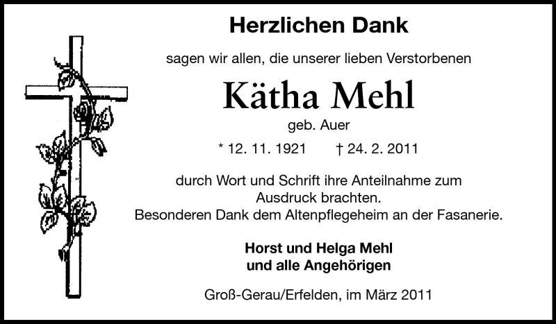  Traueranzeige für Kätha Mehl vom 12.03.2011 aus Rüsselsheimer Echo, Groß-Gerauer-Echo, Ried Echo