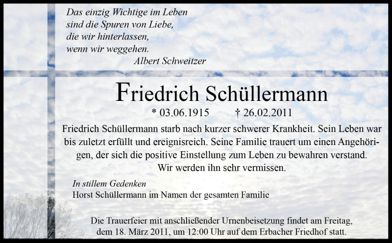  Traueranzeige für Friedrich Schüllermann vom 11.03.2011 aus Odenwälder Echo