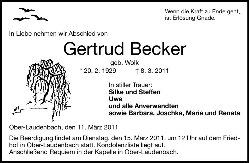  Traueranzeige für Gertrud Becker vom 11.03.2011 aus Starkenburger Echo