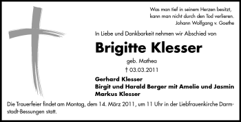 Traueranzeige von Brigitte Klesser von Darmstädter Echo, Odenwälder Echo, Rüsselsheimer Echo, Groß-Gerauer-Echo, Ried Echo