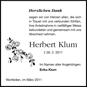 Traueranzeige von Herbert Klum von Rüsselsheimer Echo, Groß-Gerauer-Echo, Ried Echo